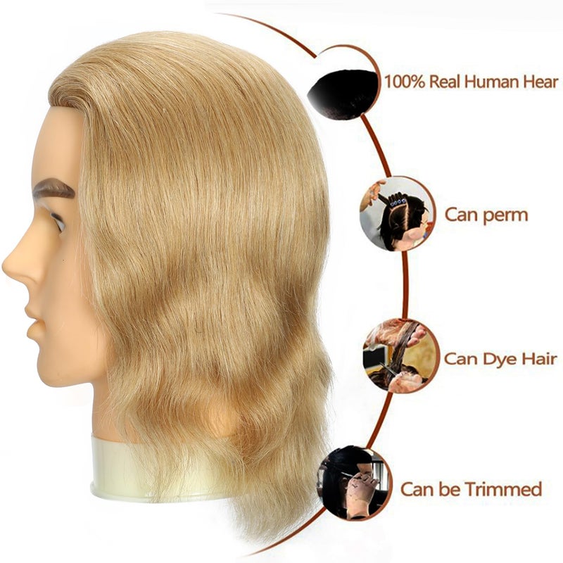 simnient Professional Male Mannequin Head, 14 Inch Blonde 100% Human Hair for Barber Hairdresser Practice Cutting & Styling, Cosmetology Training Head with Natural Straight Hair - Image 2